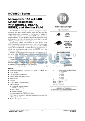 NCV8501 datasheet - Micropower 150 mA LDO Linear Regulators with ENABLE, DELAY, RESET, and Monitor FLAG