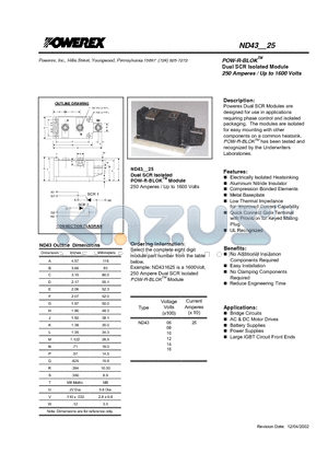ND4325 datasheet - POW-R-BLOK Dual SCR Isolated Module (250 Amperes / Up to 1600 Volts)