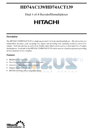 HD74ACT139 datasheet - Dual 1-of-4 Decoder/Demultiplexer