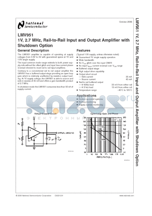 LMV951 datasheet - 1V, 2.7 MHz, Rail-to-Rail Input and Output Amplifier with Shutdown Option