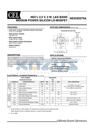 NE5520279A-T1-A datasheet - 3.2 V, 2 W, L&S BAND MEDIUM POWER SILICON LD-MOSFET