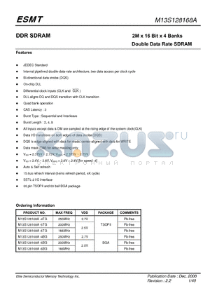 M13S128168A-5BG datasheet - 2M x 16 Bit x 4 Banks Double Data Rate SDRAM