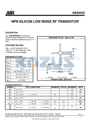 NE64535 datasheet - NPN SILICON LOW NOISE RF TRANSISTOR