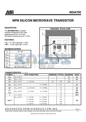 NE64700 datasheet - NPN SILICON MICROWAVE TRANSISTOR