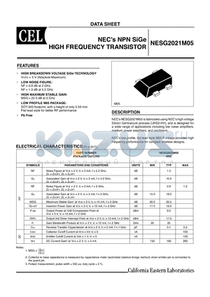 NESG2021M05-T1-A datasheet - NECs NPN SiGe HIGH FREQUENCY TRANSISTOR