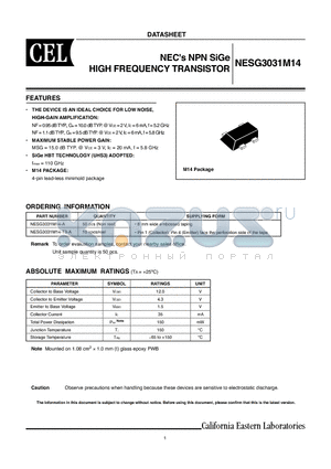 NESG3031M14-T3-A datasheet - NPN SiGe HIGH FREQUENCY TRANSISTOR