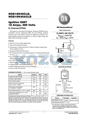 NGB18N40ACLB datasheet - Ignition IGBT 18 Amps, 400 Volts