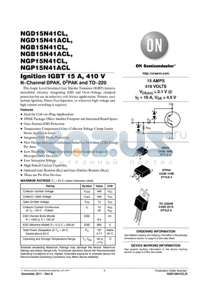 NGP15N41CLG datasheet - Ignition IGBT 15 A, 410 V N.Channel DPAK, D2PAK and TO.220