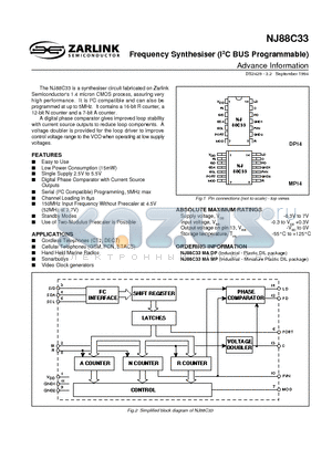 NJ88C33 datasheet - Frequency Synthesiser (I2C BUS Programmable)
