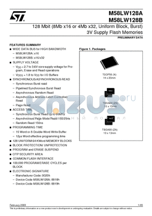 M58LW128B150ZA1F datasheet - 128 Mbit 8Mb x16 or 4Mb x32, Uniform Block, Burst 3V Supply Flash Memories