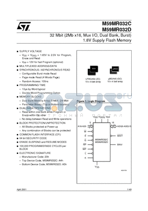 M59MR032D120GC6T datasheet - 32 Mbit 2Mb x16, Mux I/O, Dual Bank, Burst 1.8V Supply Flash Memory