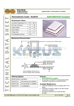NL2012T-01 datasheet - Thermoelectric Cooler