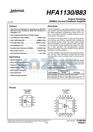 HFA1130ML/883 datasheet - Output Clamping, 850MHz Current Feedback Amplifier
