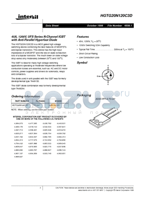 HGTG20N120C3D datasheet - 45A, 1200V, UFS Series N-Channel IGBT with Anti-Parallel Hyperfast Diode