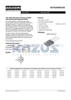 HGTG20N60C3D datasheet - 45A, 600V, UFS Series N-Channel IGBT with Anti-Parallel Hyperfast Diode