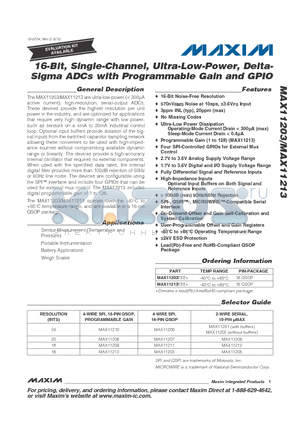 MAX11203 datasheet - 16-Bit, Single-Channel, Ultra-Low-Power, Delta-Sigma ADCs with Programmable Gain and GPIO