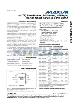 MAX145ACUA datasheet - 2.7V, Low-Power, 2-Channel, 108ksps, Serial 12-Bit ADCs in 8-Pin lMAX