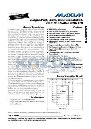 MAX5971BETI+ datasheet - Single-Port, 40W, IEEE 802.3af/at, PSE Controller with I2C