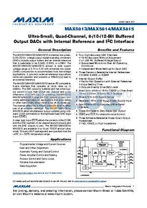 MAX5815 datasheet - Ultra-Small, Quad-Channel, 8-/10-/12-Bit Buffered Output DACs with Internal Reference and I2C Interface