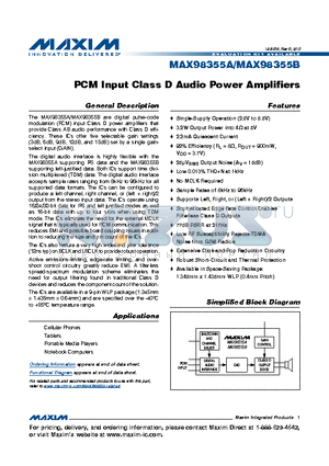 MAX98355A datasheet - PCM Input Class D Audio Power Amplifiers