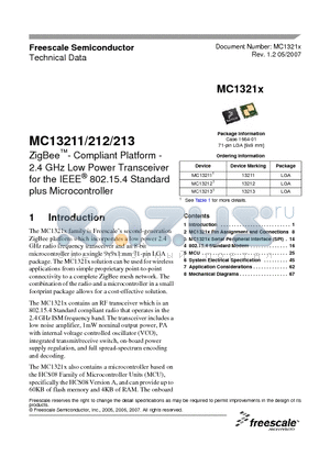 MC13212 datasheet - ZigBee- Compliant Platform - 2.4 GHz Low Power Transceiver for the IEEE^ 802.15.4 Standard plus Microcontroller
