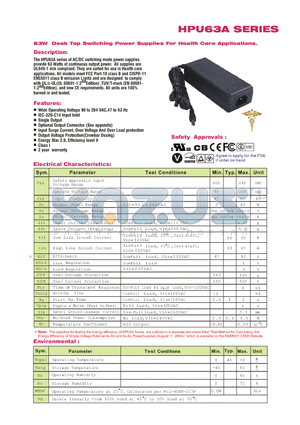 HPU63A-109 datasheet - 63W Desk Top Swithching Power Supplies For health Care Applications