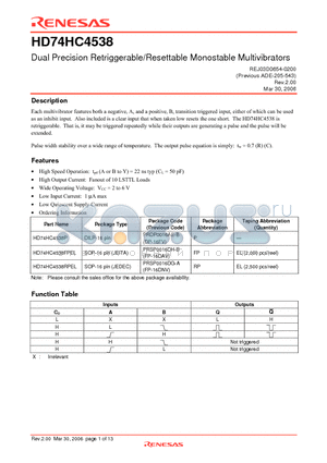 HD74HC4538FPEL datasheet - Dual Precision Retriggerable/Resettable Monostable Multivibrators