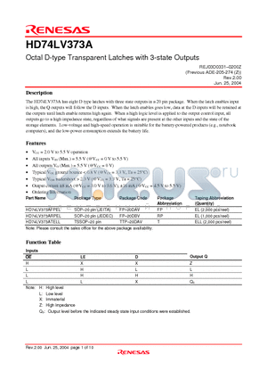 HD74LV373AFPEL datasheet - Octal D-type Transparent Latches with 3-state Outputs