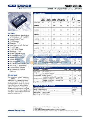 NMR108 datasheet - Isolated 1W Single Output DC-DC Converters