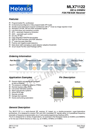 MLX71122 datasheet - 300 to 930MHz FSK/FM/ASK Receiver