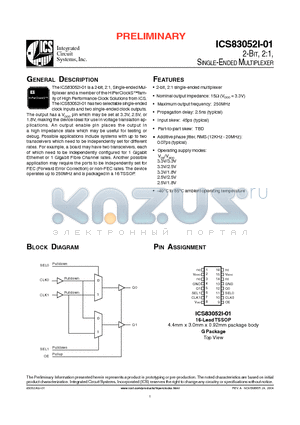 ICS83052AGI-01 datasheet - 2-BIT, 2 : 1, SINGLE-ENDED MULTIPLEXER