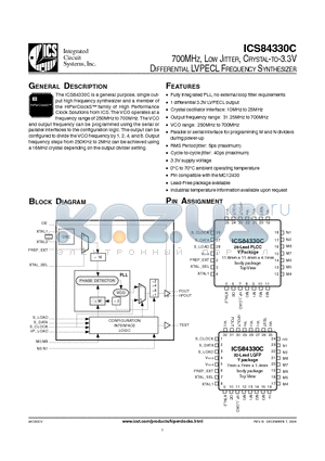 ICS84330CYT datasheet - 700MHZ, LOW JITTER, CRYSTAL-TO-3.3V DIFFERENTIAL LVPECL FREQUENCY SYNTHESIZER