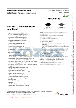 MPC5643LFF0VLQ1 datasheet - MPC5643L Microcontroller Data Sheet