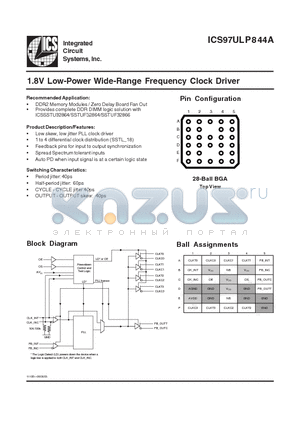 ICS97ULP844AH-T datasheet - 1.8V Low-Power Wide-Range Frequency Clock Driver