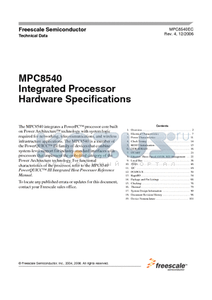 MPC8540CVT667LB datasheet - Integrated Processor Hardware Specifications