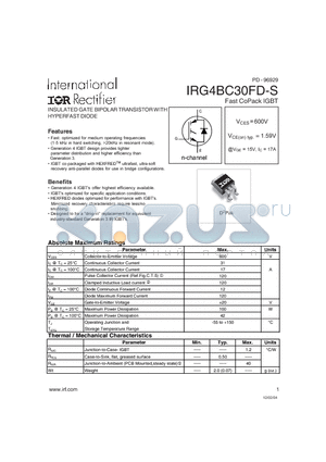 IRG4BC30FD-S datasheet - INSULATED GATE BIPOLAR TRANSISTOR WITH HYPERFAST DIODE