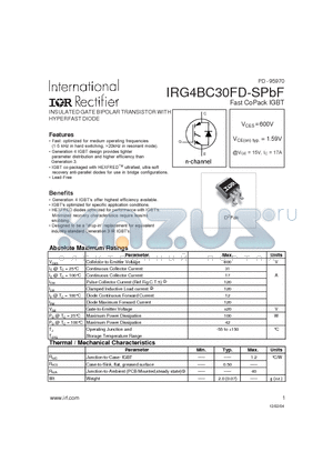 IRG4BC30FD-SPBF datasheet - INSULATED GATE BIPOLAR TRANSISTOR WITH HYPERFAST DIODE