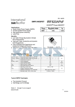 IRF820APBF datasheet - HEXFET Power MOSFET