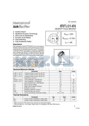 IRFL014N datasheet - Power MOSFET(Vdss=55V, Rds(on)=0.16ohm, Id=1.9A)