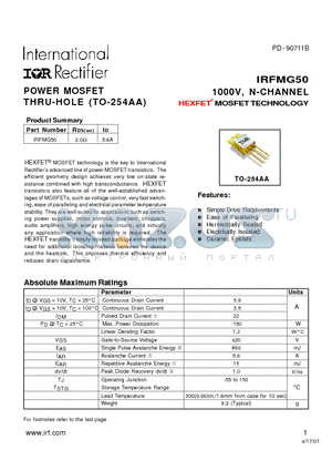 IRFMG50 datasheet - POWER MOSFET 1000V, N-CHANNEL THRU-HOLE (TO-254AA)