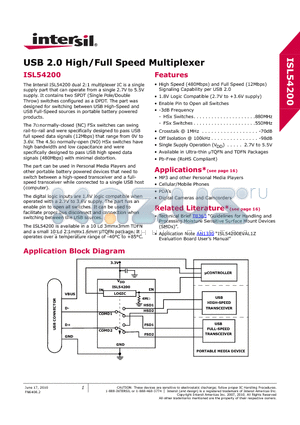 ISL54200IRZ datasheet - USB 2.0 High/Full Speed Multiplexer