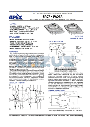 PA07 datasheet - FET INPUT POWER OPERATIONAL AMPLIFIERS