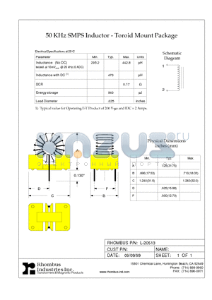 L-20513 datasheet - 50 KHz SMPS Inductor - Toroid Mount Package