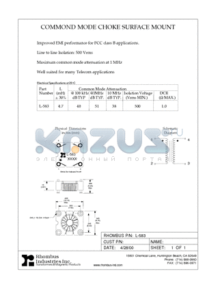 L-583 datasheet - COMMOND MODE CHOKE SURFACE MOUNT