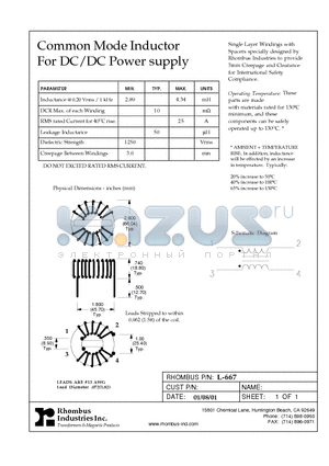 L-667 datasheet - Common Mode Inductor For DC/DC Power supply