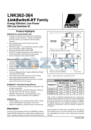 LNK364P datasheet - Energy Efficient, Low Power Off-Line Switcher IC