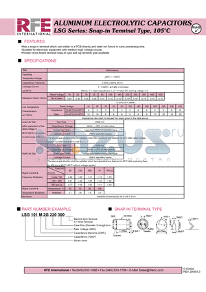 LSG101M2G220300 datasheet - ALUMINUM ELECTROLYTIC CAPACITORS LSG Series: Snap-in Terminal Type, 105C