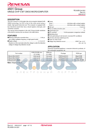 M34501M4-XXXFP datasheet - SINGLE-CHIP 4-BIT CMOS MICROCOMPUTER