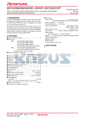 M37225MA datasheet - SNGLE-CHIP 8-BIT CMOS MICROCOMPUTER for VOLTAGE SYNTHESIZER with ON-SCREEN DISPLAY CONTROLLER