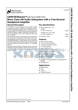 LM49100 datasheet - Mono Class AB Audio Subsystem with a True-Ground Headphone Amplifier